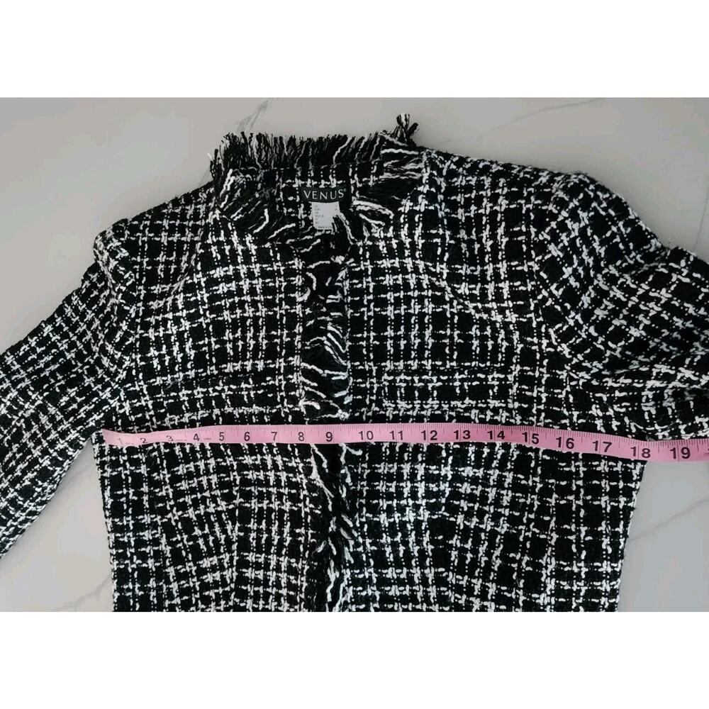 Venus Women Black Longline Tweed Fringe Blazer Jacket Size 2 - Picture 5 of 10